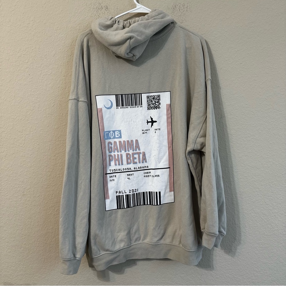 Gamma Phi Beta Beige Taupe Hoodie Sweatshirt Airplane Ticket Graphic Pocket Bama